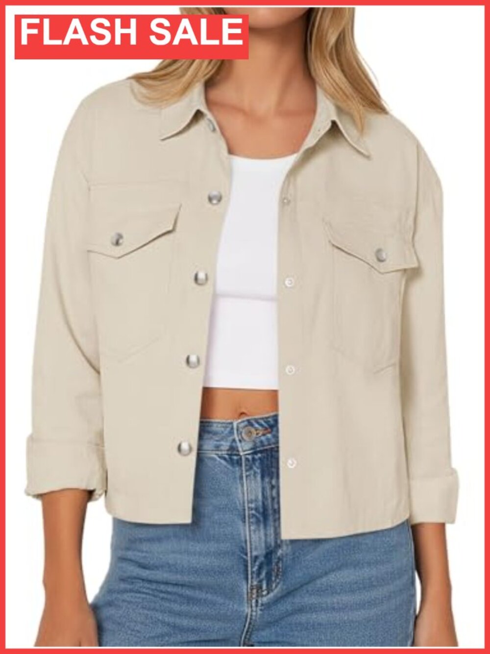 Cropped Button Down Jacket Lightweight Loose Fit Chest Pockets